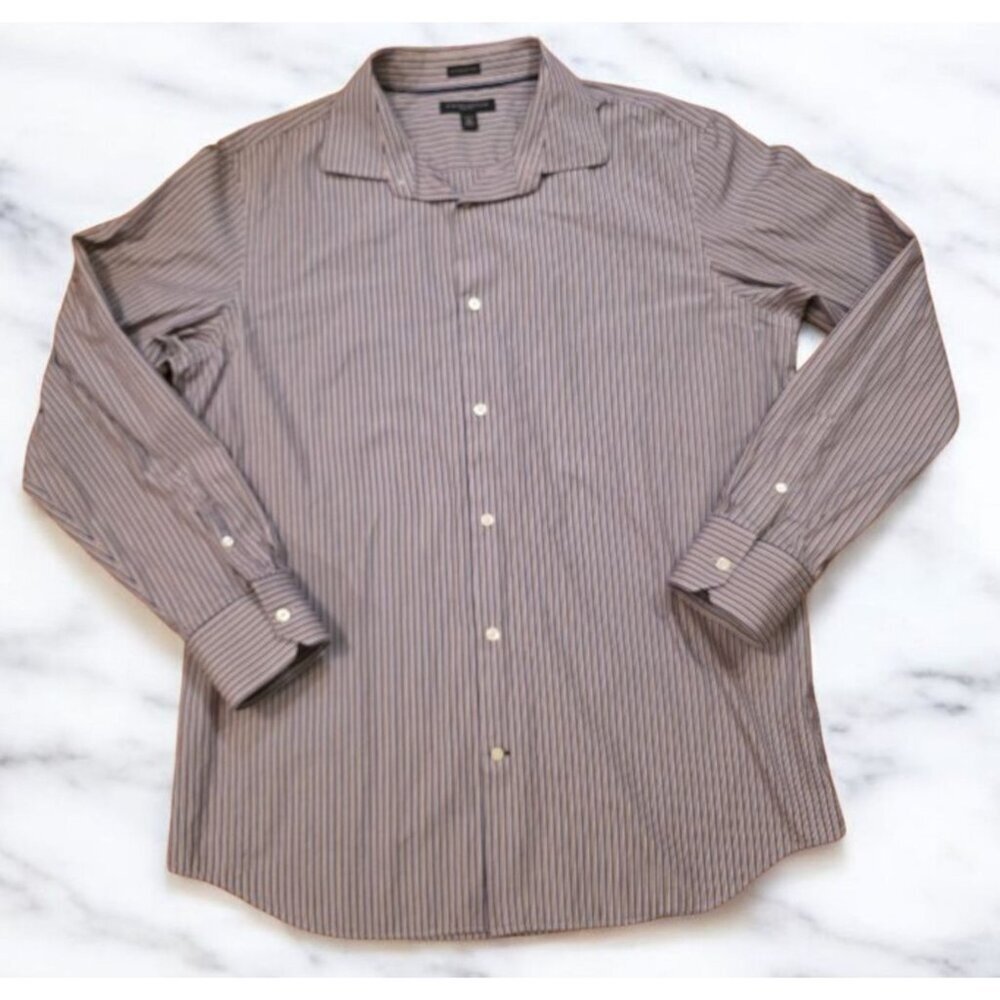 Banana Republic Button‎ Up Shirt Mens XL 17-17.5 Purple Tan Stripes Cotton Slim